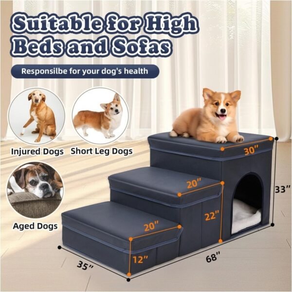 Foldable Dog Stairs With Storage - 3-Level Small To Medium Dog Breed Ramp, Oxford Fabric, Suitable For High Beds And Sofas, Pet Ladder, Dog Stairs - Image 6