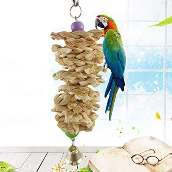 Bird Parrot Toy With Bell Natural Wooden Grass Bite Hanging Cage - Image 4
