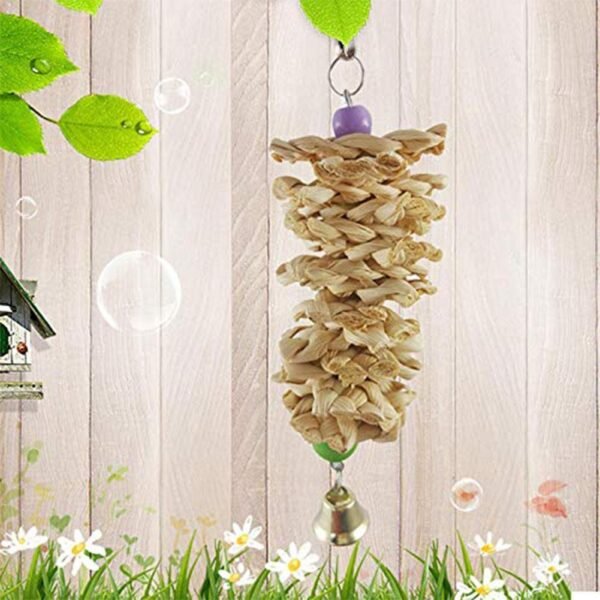 Bird Parrot Toy With Bell Natural Wooden Grass Bite Hanging Cage - Image 6