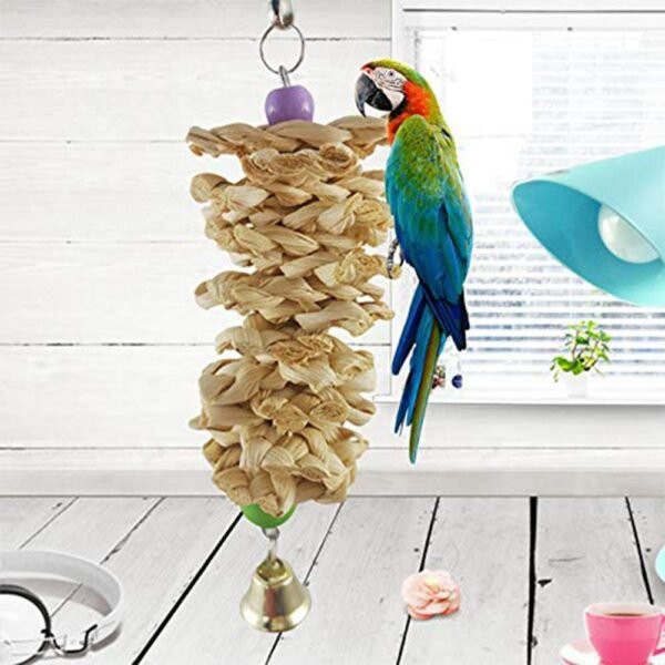 Bird Parrot Toy With Bell Natural Wooden Grass Bite Hanging Cage - Image 5