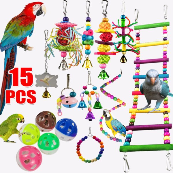 Parrot Combination Toy 10-Piece Set Wooden Bead Rotating Ladder Swing Stand Wooden Ladder Sepak Takraw Chewing Toy - Image 6
