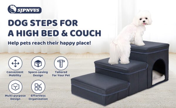 Foldable Dog Stairs With Storage - 3-Level Small To Medium Dog Breed Ramp, Oxford Fabric, Suitable For High Beds And Sofas, Pet Ladder, Dog Stairs - Image 9